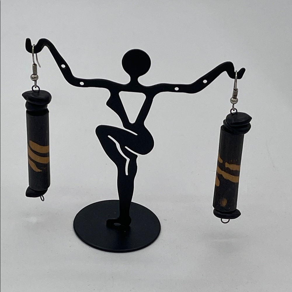 3.29.26-30 Handcrafted Black & Tan Resin Cylinder Eurostyle Earrings
